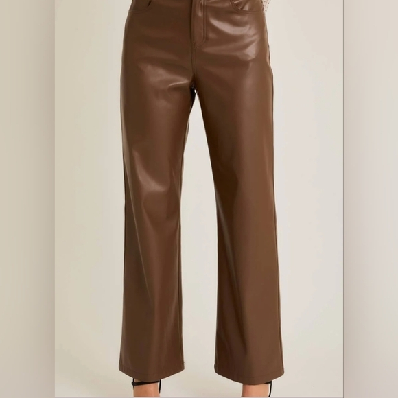 NWT LELIS  High Waist Faux Leather Long Pants: Brown M - Picture 3 of 9